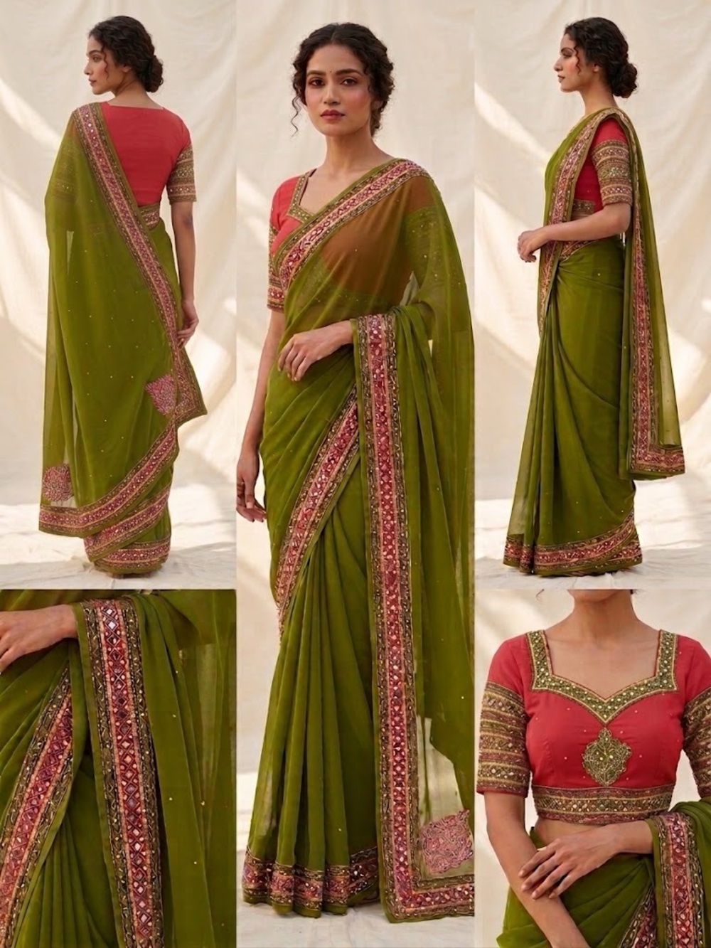 Embellished Pink and Olive Green Indian Pakistani Chiffon Sari